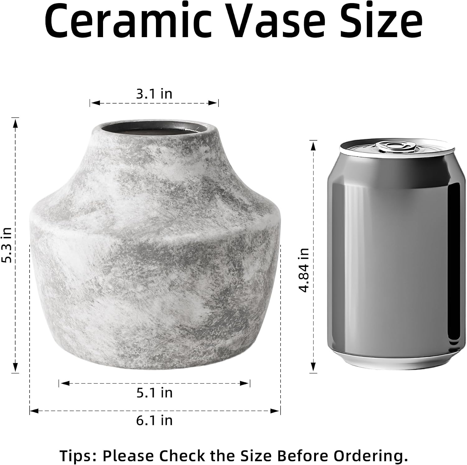 Grey Ceramic Flower Vase, 5.3 in Rustic Farmhouse Vase, Small Handcrafted Weathered Pottery Vases, Decorative Terracotta Vases for Flower, Living Room, Centerpieces, Table, Home Decor