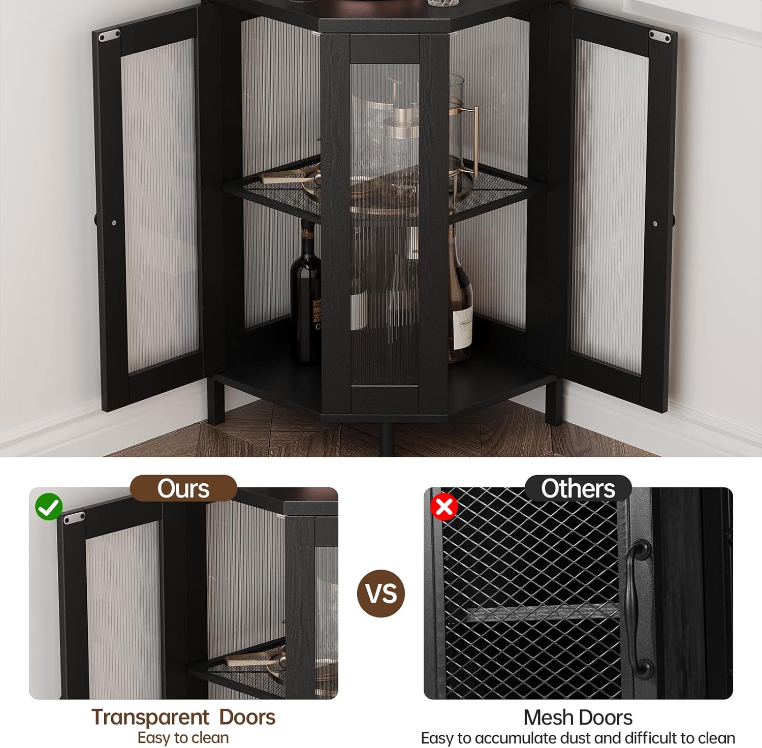 Airynee Corner Bar Cabinet with Power Outlet, 5-Tier Corner Wine Cabinet with Led Strip and Glass Holder, Industrial Tall Liquor Cabinet Bar Wine Rack for Home，Black