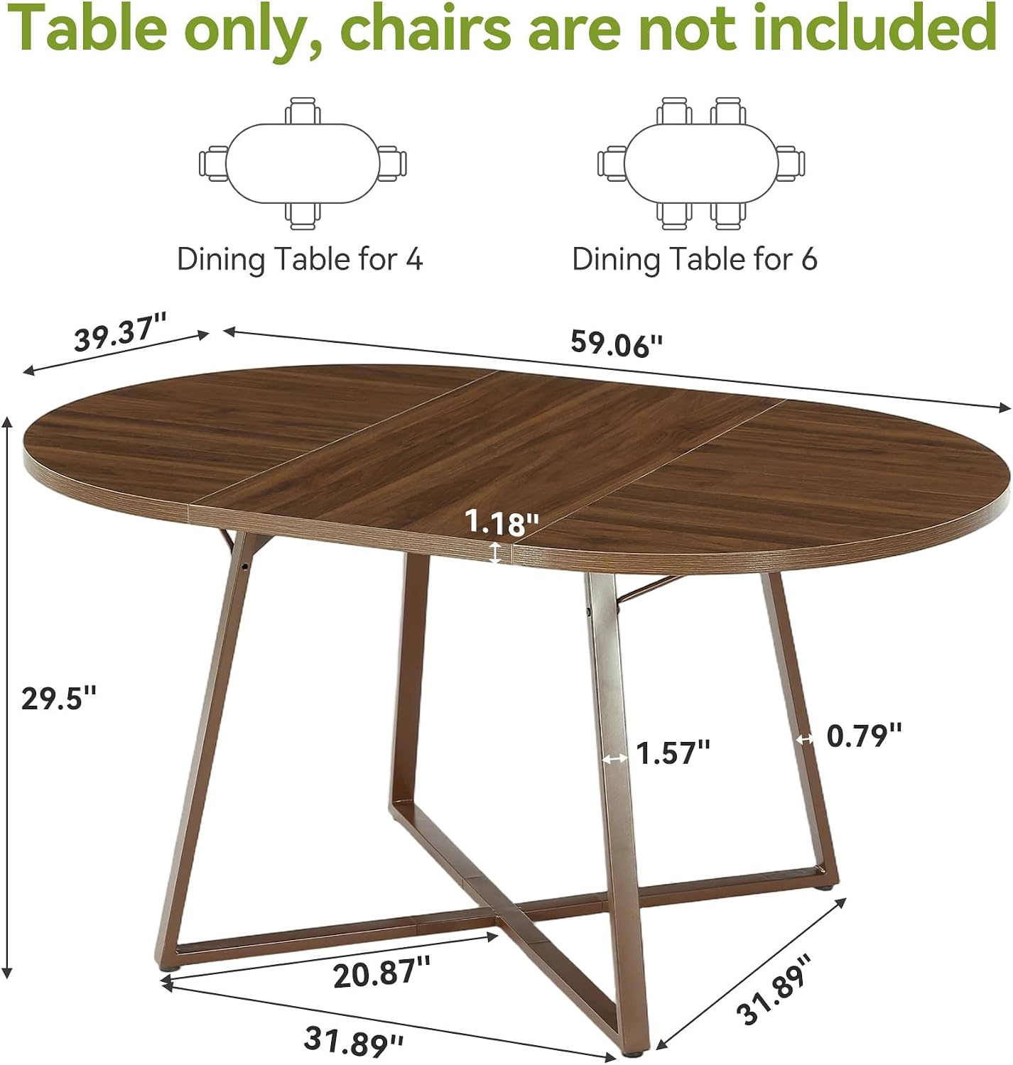 LITTLE TREE 59-Inch Oval Wooden Dining Table for 4-6, Kitchen Round Table with Metal Cross Base, Modern Farmhouse Dining Table for Small Space, Dining Room, Apartment, Living Room, Walnut (Table Only)