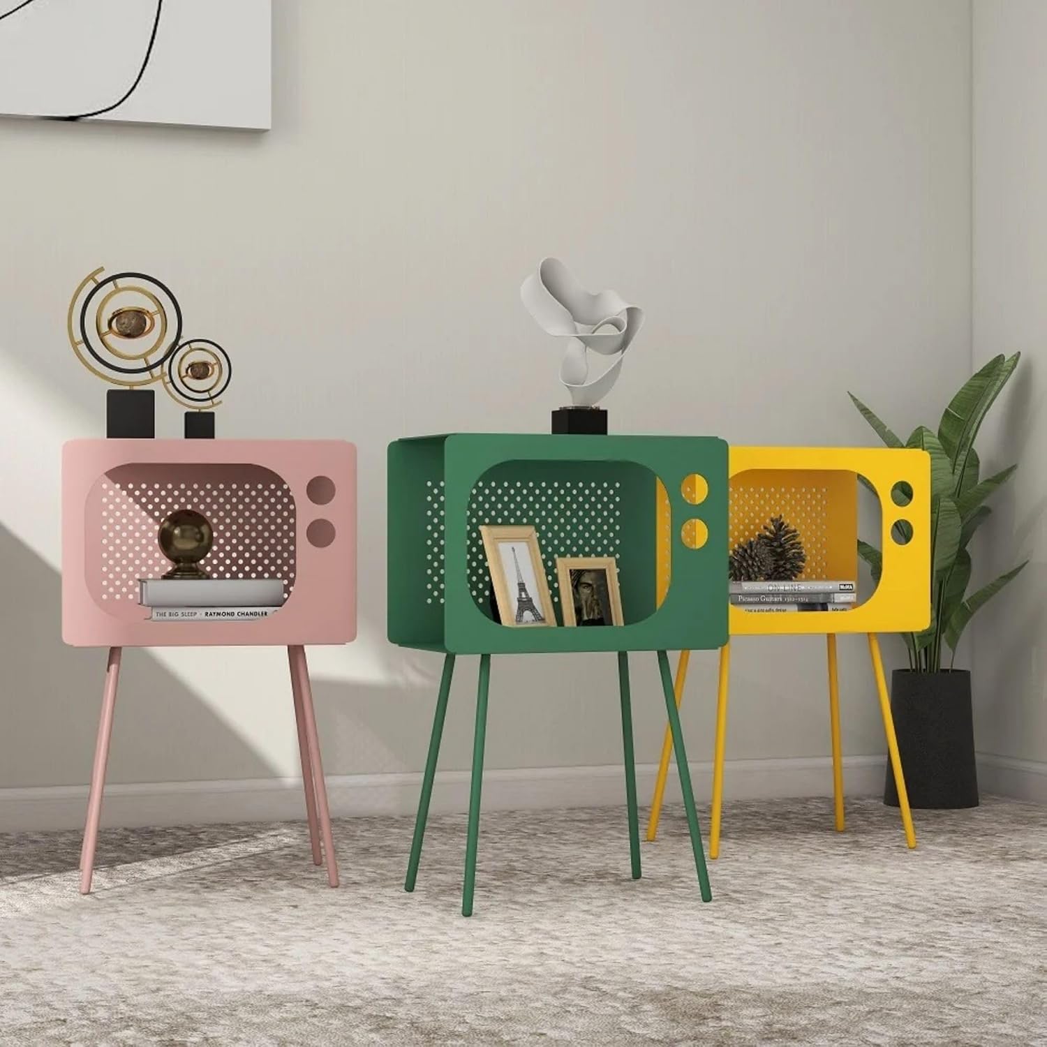 homary Modern End Table TV Shape Side Table, Metal Hollow Accent Table in Fresh Green, Narrow Sofa Table for Living Room Bedroom Apartment Decor (Green)