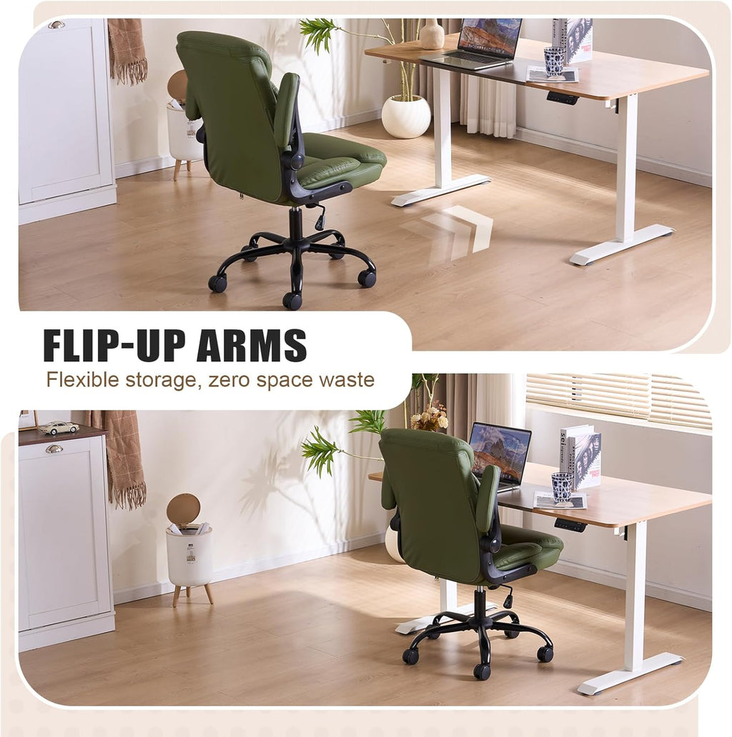 Leather Executive Office Chair - Ergonomic Computer Chair with Flip-up Arms Comfy PU Leather Home Desk Chairs Mid Back Support Adjustable Height Tilt Lock Swivel Rolling Wheels, Green