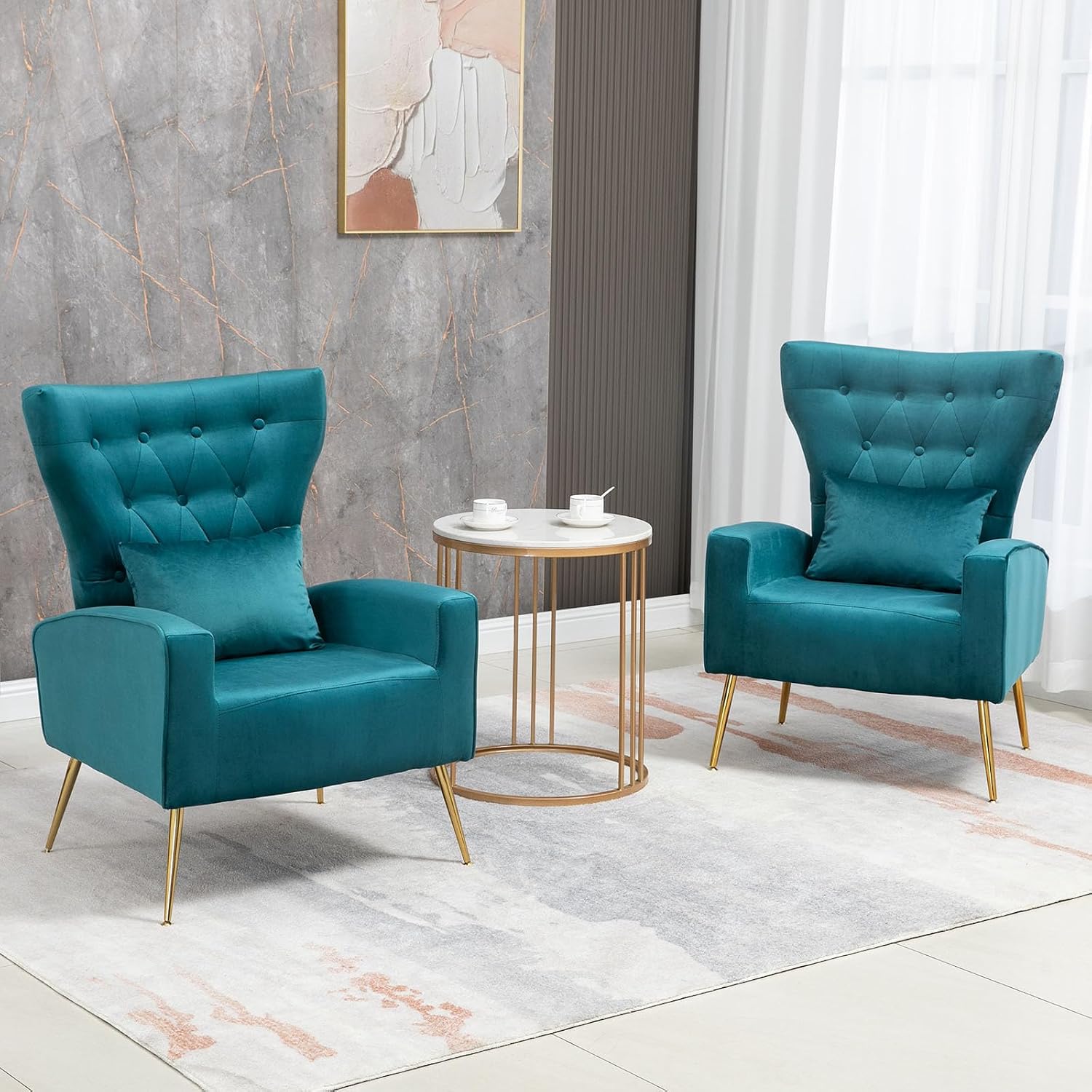 Button-Tufted Velvet Accent Chairs Set of 2, Mid Century Modern Living Room Chair with High Wingback, Upholstered Arm Chair with Metal Gold Legs for Bedroom, Club, Teal Blue