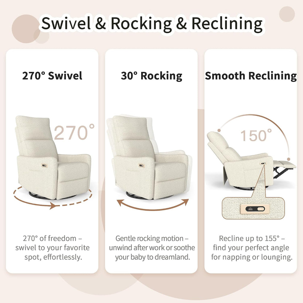 29" 270 Swivel Rocker Velvet Modern Comfort Lazy Cloud Chair, Upholstered Deep Seat Single Sofa with USB Port, Fashion Lounge Chair Side Pocket for Nursery Theater Small Spaces, Beige