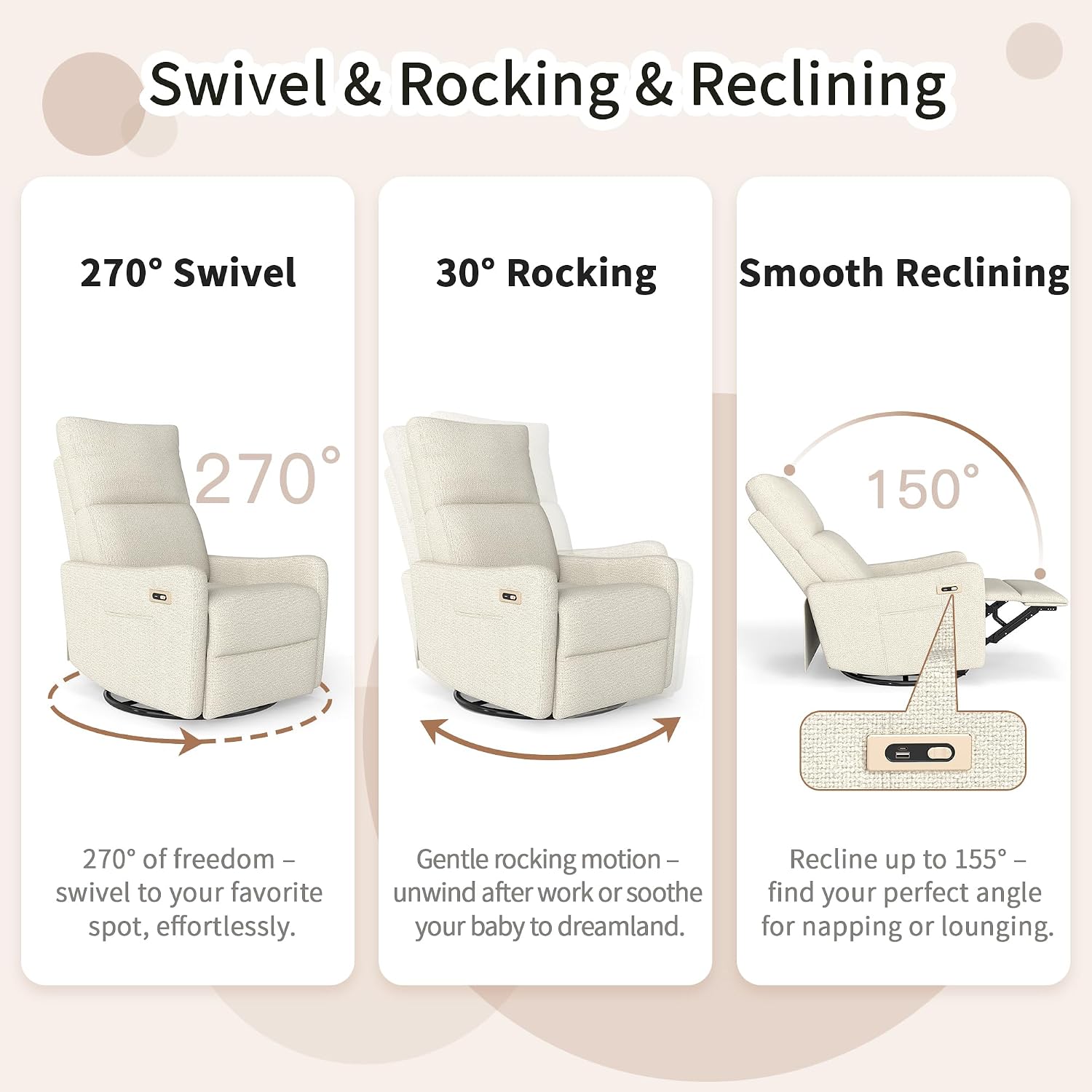29" 270 Swivel Rocker Velvet Modern Comfort Lazy Cloud Chair, Upholstered Deep Seat Single Sofa with USB Port, Fashion Lounge Chair Side Pocket for Nursery Theater Small Spaces, Beige