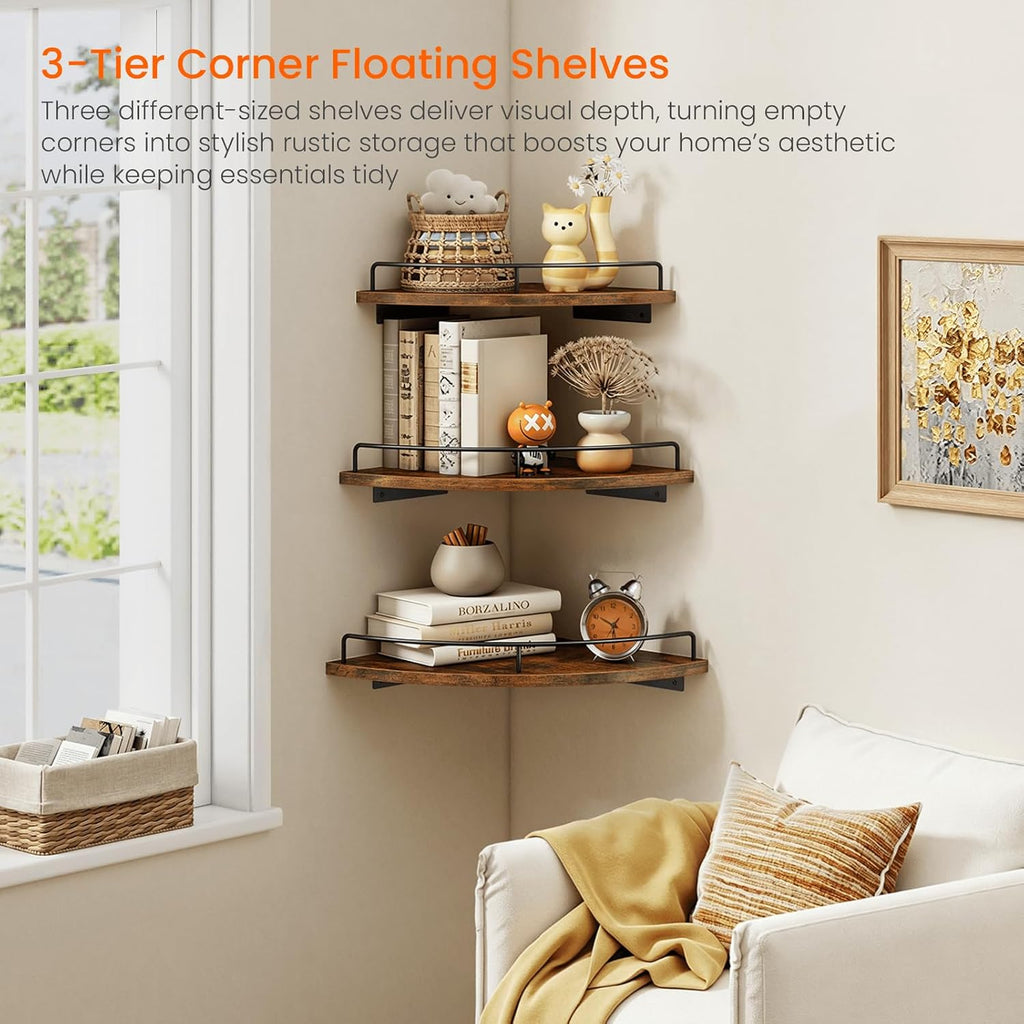 Homode Corner Shelf Wall Mounted Set of 3, Corner Floating Shelves 9/10/12 Inch Deep, Wood Round Corner Hanging Display Shelf with Guardrail for Bathroom Bedroom Kitchen Living Room, Rustic Brown