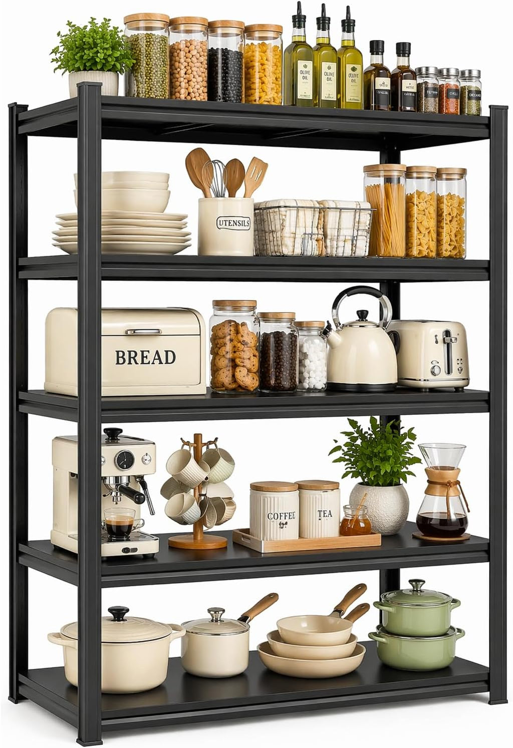 Kitchen Pantry Storage Shelves, 5-Tier Heavy Duty Metal Shelving Unit, Black Adjustable Deep Shelf Organizer for Pots, Pans, Food, and Pantry Items (5-45" W X 16" D X 71" H)