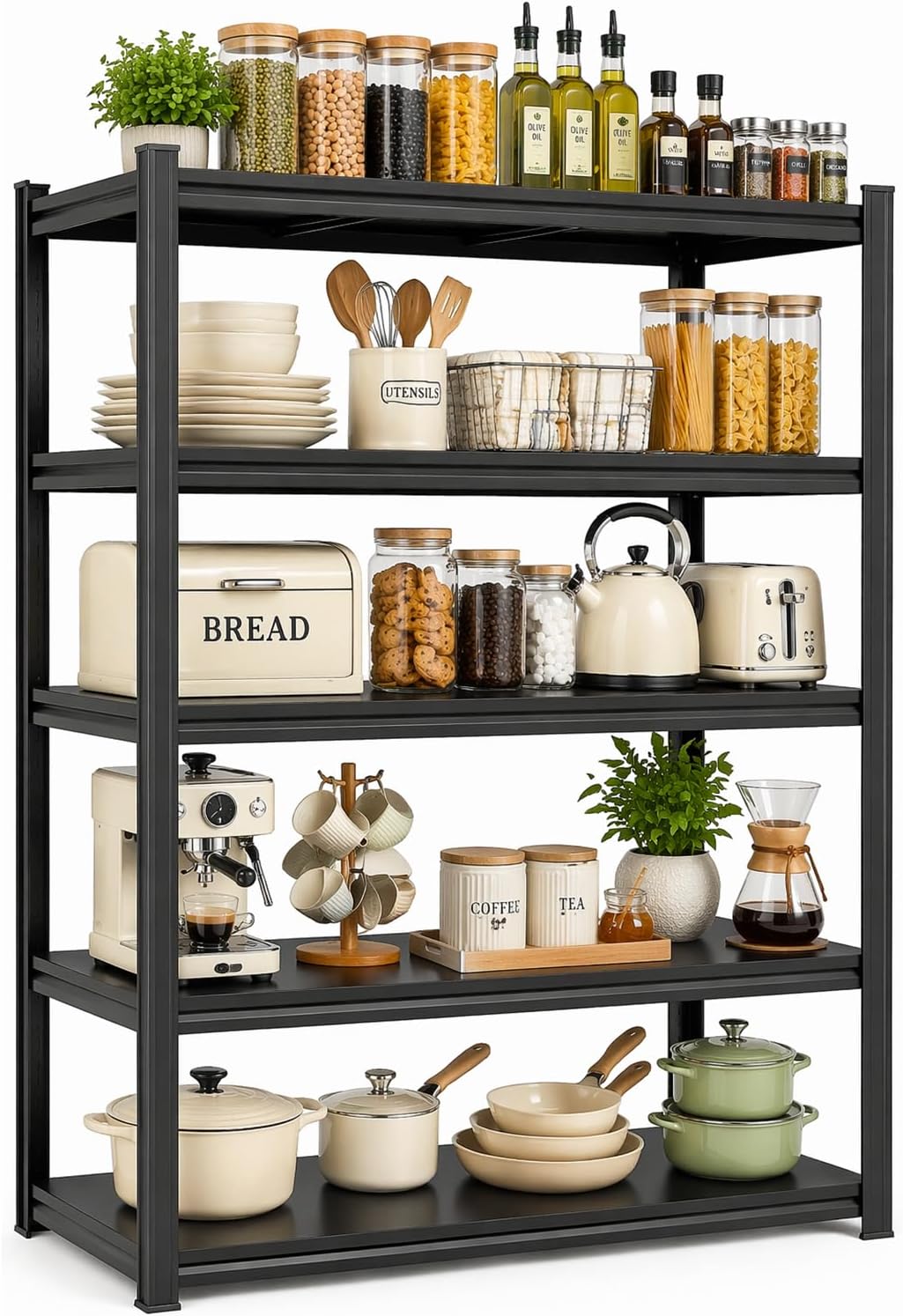 Kitchen Pantry Storage Shelves, 5-Tier Heavy Duty Metal Shelving Unit, Black Adjustable Deep Shelf Organizer for Pots, Pans, Food, and Pantry Items (5-45" W X 16" D X 71" H)