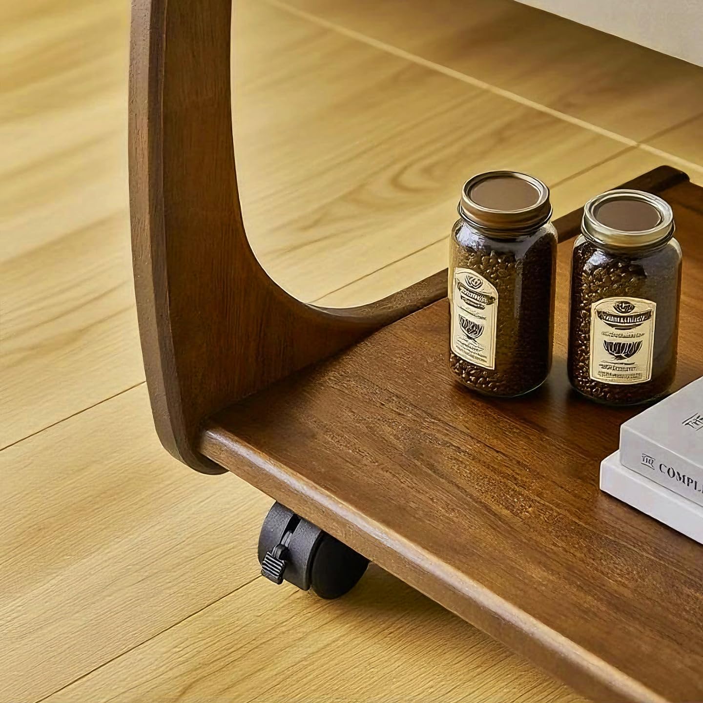 Solid Wood C-Shaped End Table with Wheels, Walnut Slide Under Sofa Side Table with Storage Shelf, Mobile Accent Table for Living Room Bedroom