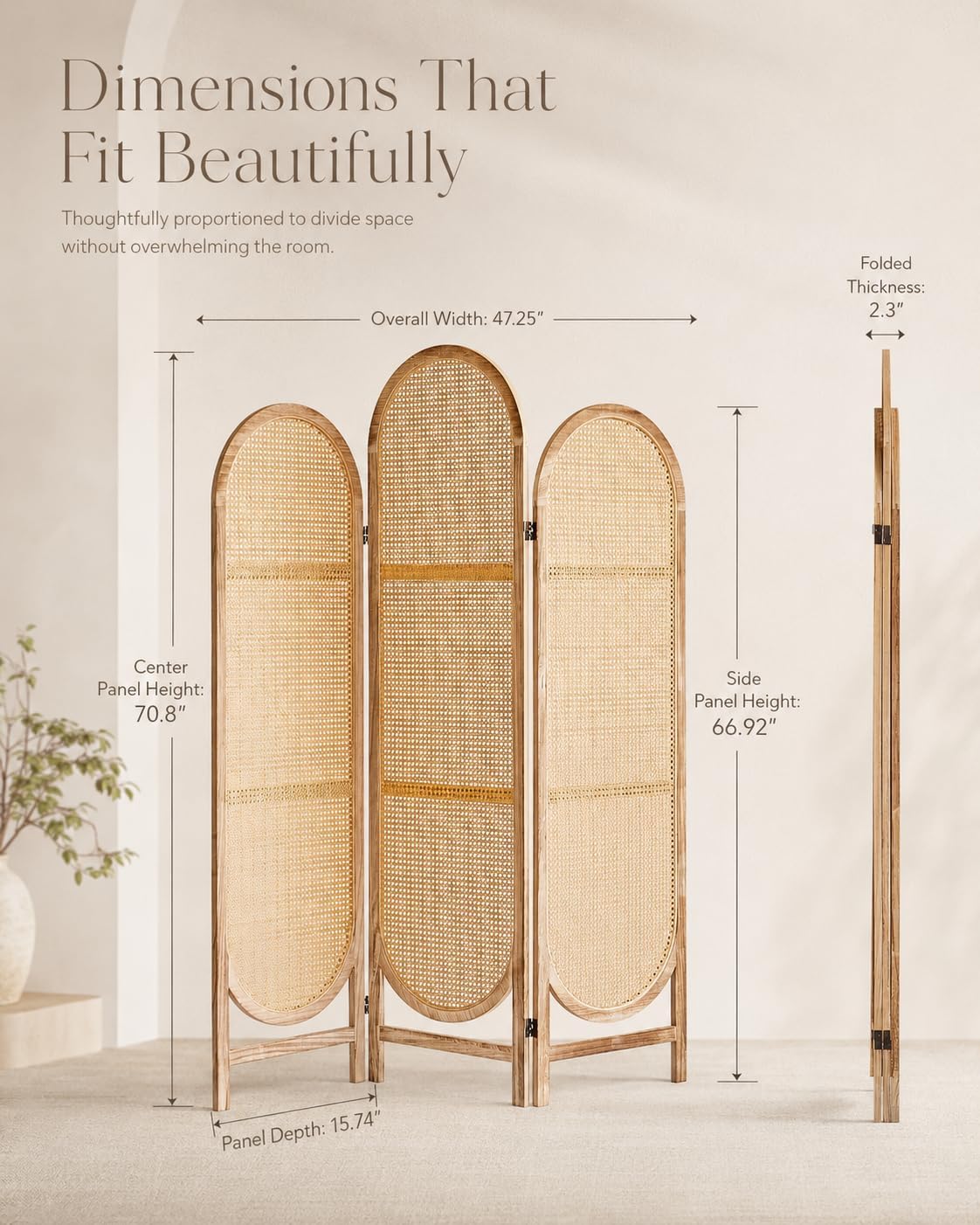 3 Panel Room Dividers and Folding Privacy Screens, Wooden Room Divider with Bi-Directional Hinge, Pre-Assembled Hand-Made Rattan Privacy Dividers for Balcony, Bedroom, Hotel Decorations