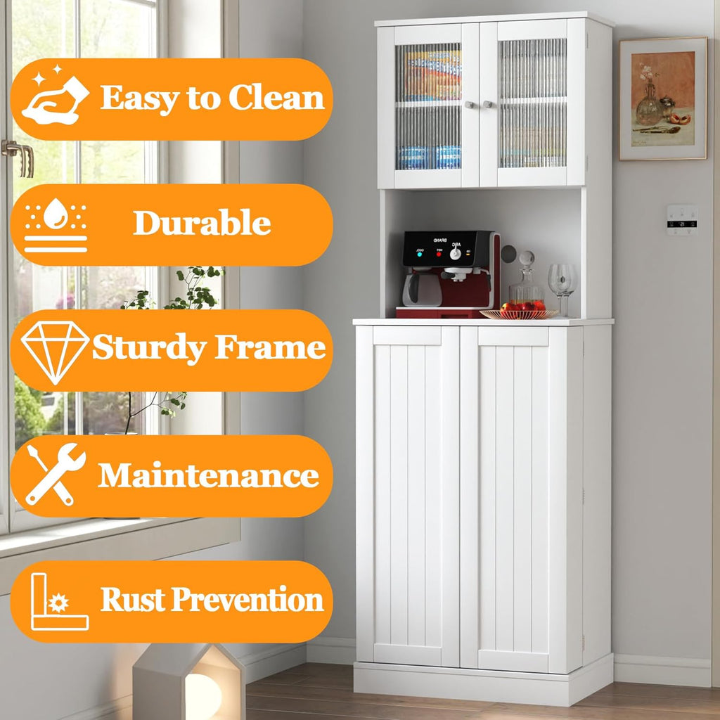 HRVEOCEI Tall Pantry Cabinet with Doors and Adjustable Shelves, 71'' Freestanding Kitchen Cabinet Storage with Microwave Stand, White Food Pantry Cabinet & Cupboard for Kitchen, Dining Room, Wood