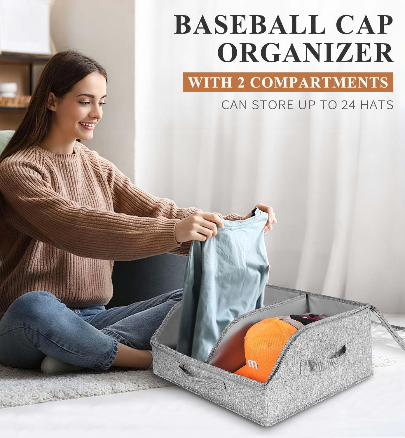 Hat Organizer for Baseball Caps, 2 Compartments Clear Window Hat Storage Box for Closet Hold Up to 24 Caps, Hats Holder Container with Sturdy Cardboard for Home Storage | Gray