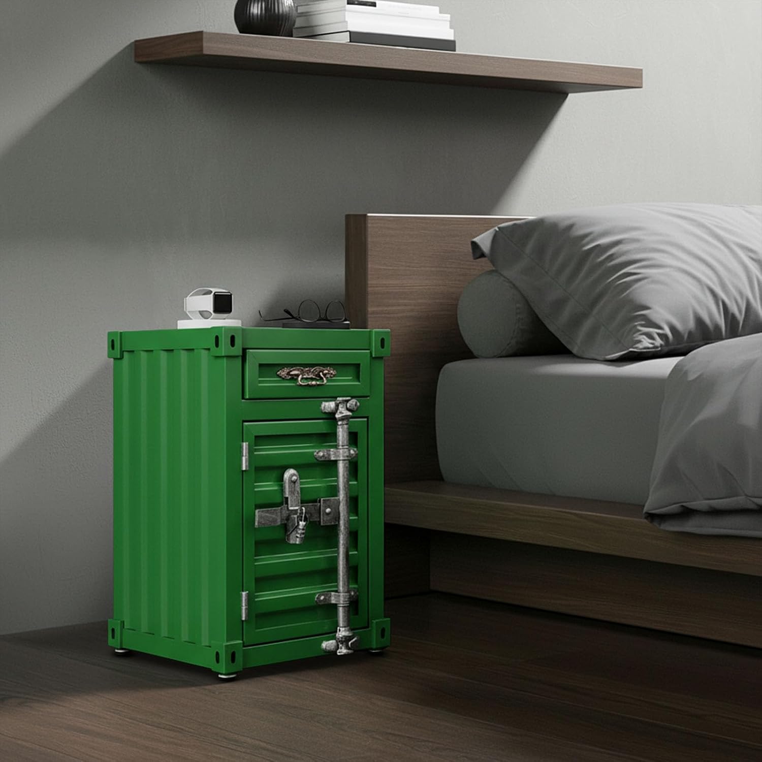 Industrial Metal Container Side Table, 3-Tier End Tables with Drawers, Bedside Table, Container Style Locker Wrought, Retro Style Metal Container Cabinet for Bar/Bedroom/Garage (Green)