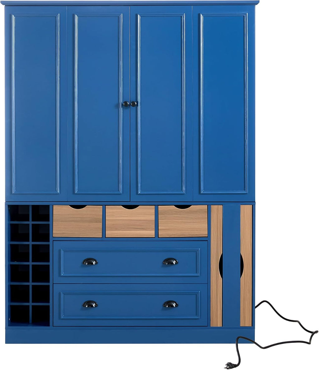 Farmhouse Kitchen Pantry Storage Cabinet with 4 Foldable Doors, Freestanding Large Cupboard with Power Outlet, Shelves, Wine Racks and Serving Trays for Dining Room, Kitchen (Blue)