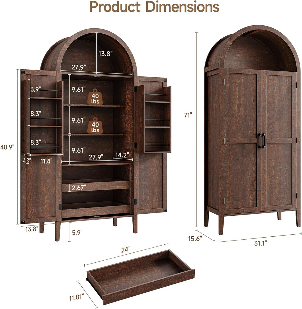 ONBRILL 71" Tall Arched Kitchen Pantry, Storage Cabinet Pantry with 2 Pull-Out Shelves, 6 Door Shelves, Organizer, Freestanding Morden Versatile Cupboard for Kitchen, Dining Room (Brown)