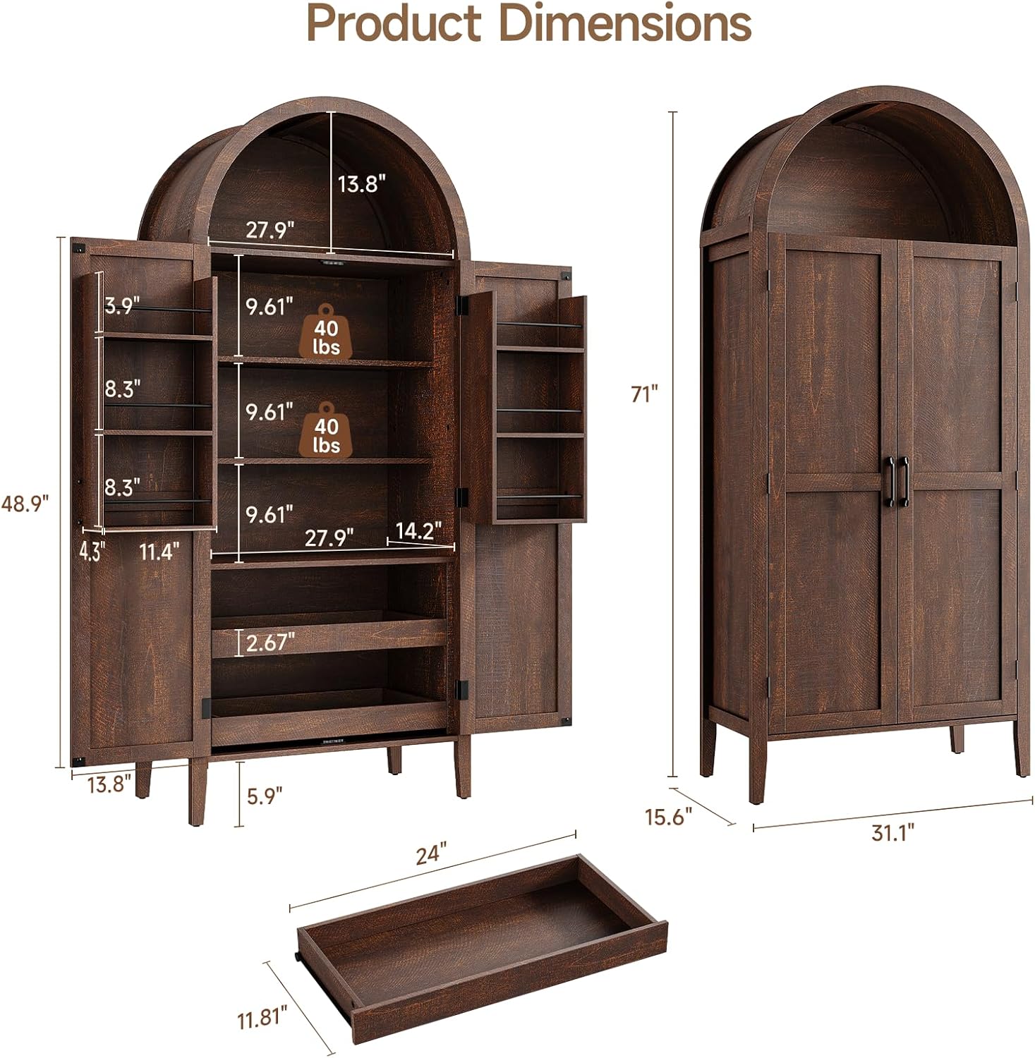 ONBRILL 71" Tall Arched Kitchen Pantry, Storage Cabinet Pantry with 2 Pull-Out Shelves, 6 Door Shelves, Organizer, Freestanding Morden Versatile Cupboard for Kitchen, Dining Room (Brown)