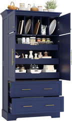 Farmhouse Kitchen Pantry Cabinet, Tall Freestanding Cupboard with Pull-Out Trays, Drawers and Cake Pan Storage Organizer for Kitchen, Dining Room (Blue)