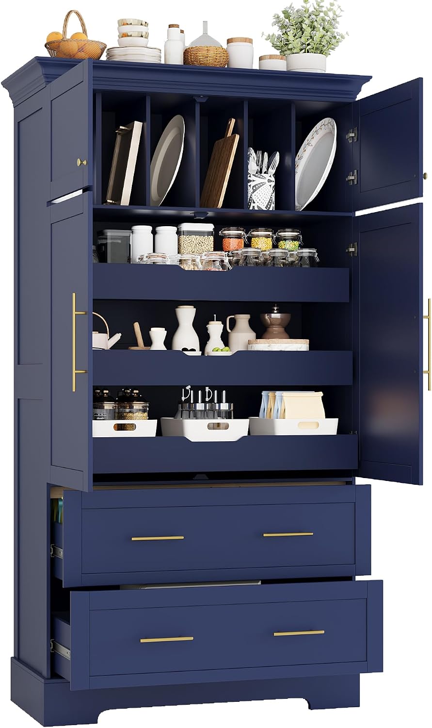 Farmhouse Kitchen Pantry Cabinet, Tall Freestanding Cupboard with Pull-Out Trays, Drawers and Cake Pan Storage Organizer for Kitchen, Dining Room (Blue)