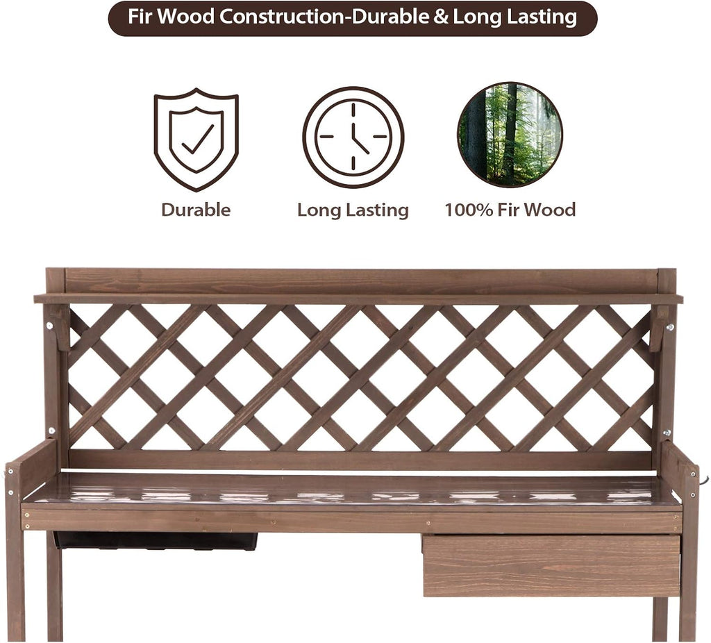 GUTINNEEN Potting Bench Garden Table for Plants Outside Outdoor Wooden Garden Work Bench with Sink Storage PVC Layer Drawer Shelf Hook for Gardening