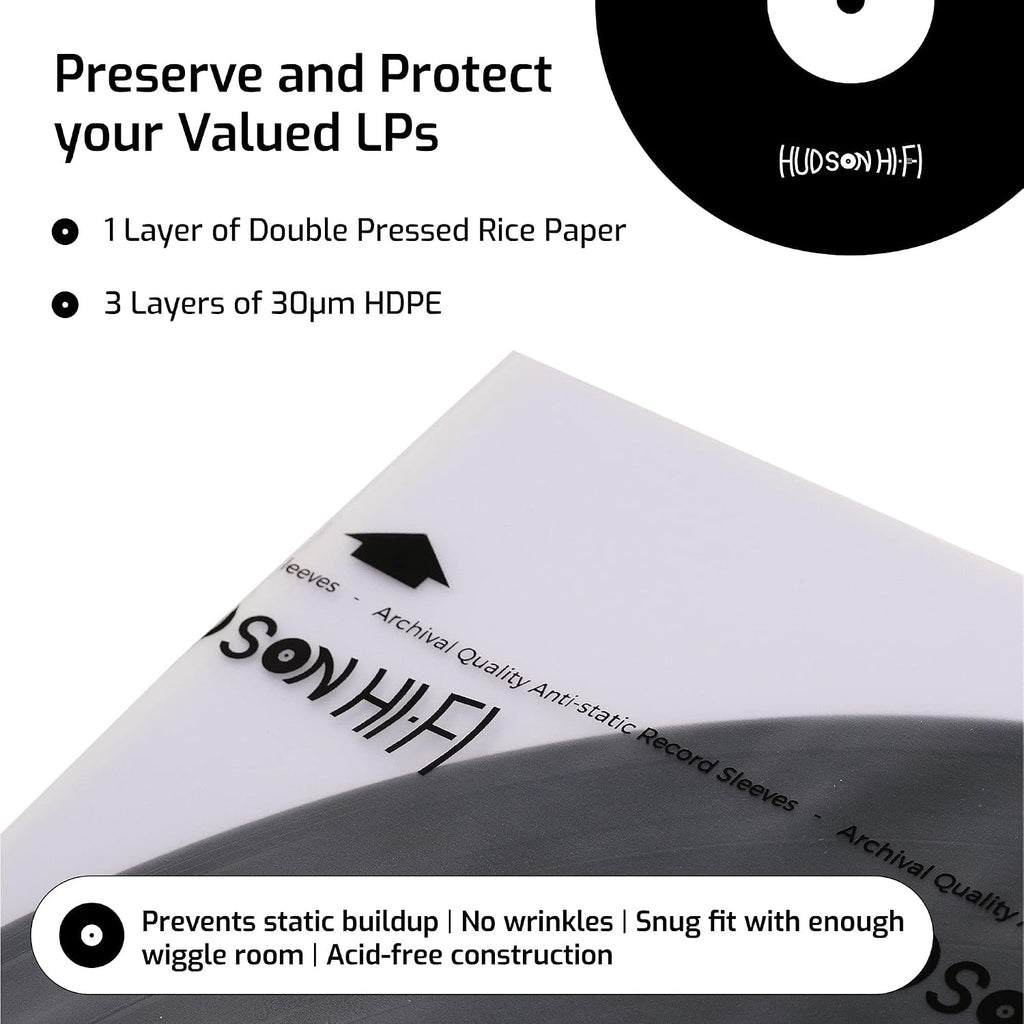 Hudson Hi-Fi Anti-Static Vinyl Record Inner Sleeves - Protective Vinyl Record Inner Sleeve 500 Pack - Protect Your LP Albums from Scratches, Dust & Dirt - Acid-Free Rice Paper Interior Disc Covers