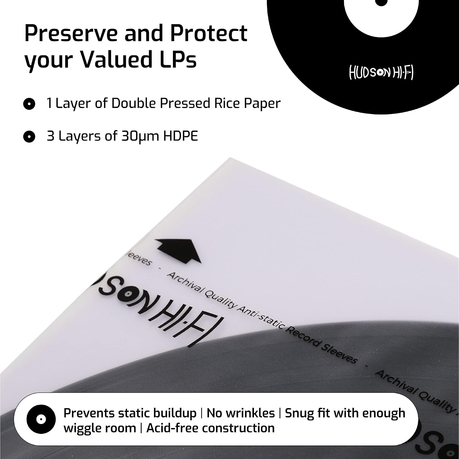 Hudson Hi-Fi Anti-Static Vinyl Record Inner Sleeves - Protective Vinyl Record Inner Sleeve 500 Pack - Protect Your LP Albums from Scratches, Dust & Dirt - Acid-Free Rice Paper Interior Disc Covers