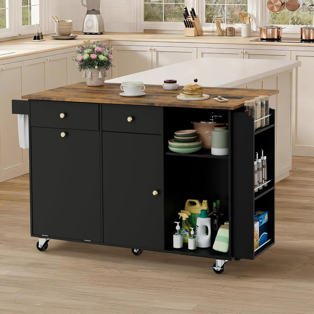 60" Kitchen Island with Folding Drop Leaf & Power Outlet-Rolling Kitchen Island with Spice Rack,Towel Rack, 2 Drawers-Island Table for Kitchen with Trash Storage Cabinet,Black