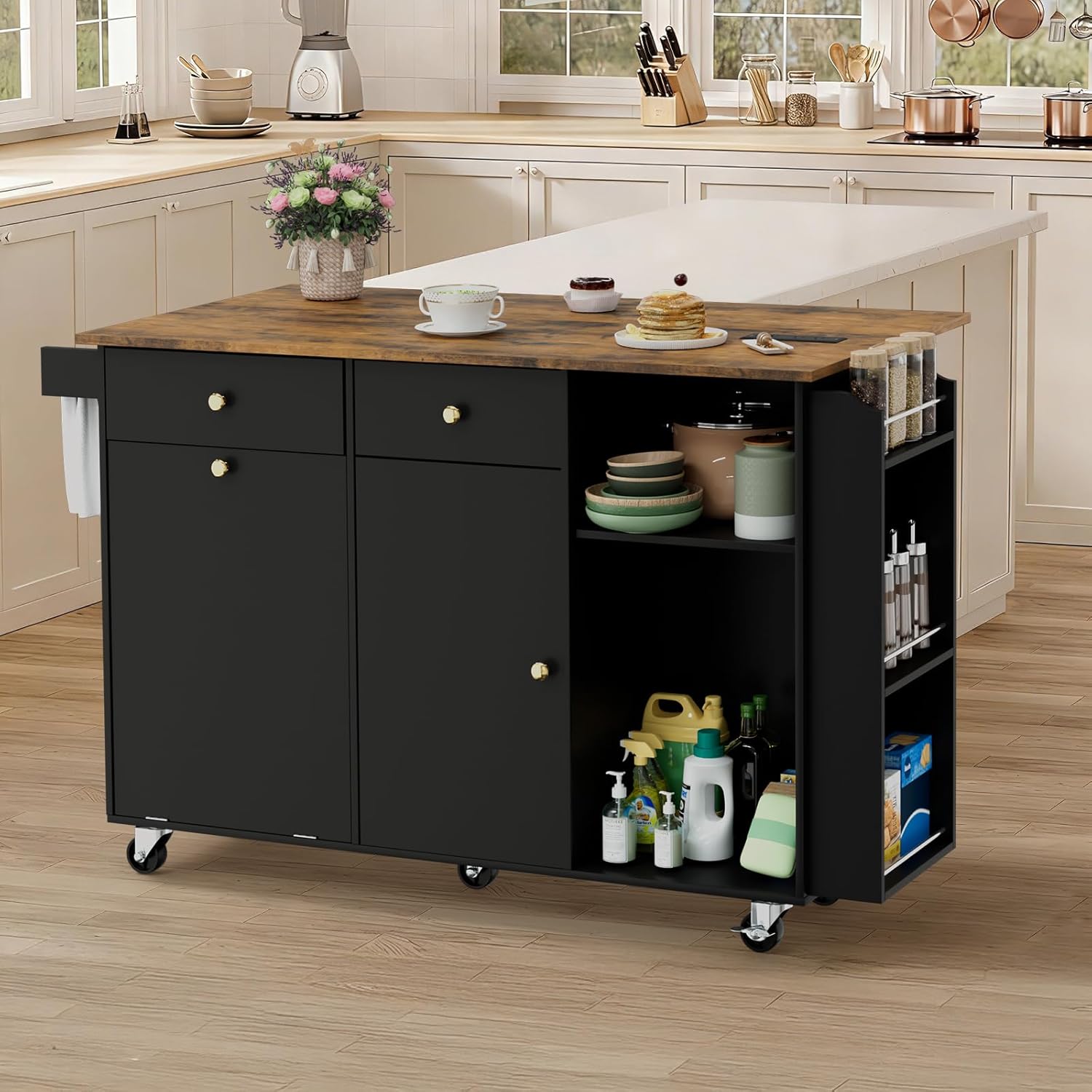 60" Kitchen Island with Folding Drop Leaf & Power Outlet-Rolling Kitchen Island with Spice Rack,Towel Rack, 2 Drawers-Island Table for Kitchen with Trash Storage Cabinet,Black