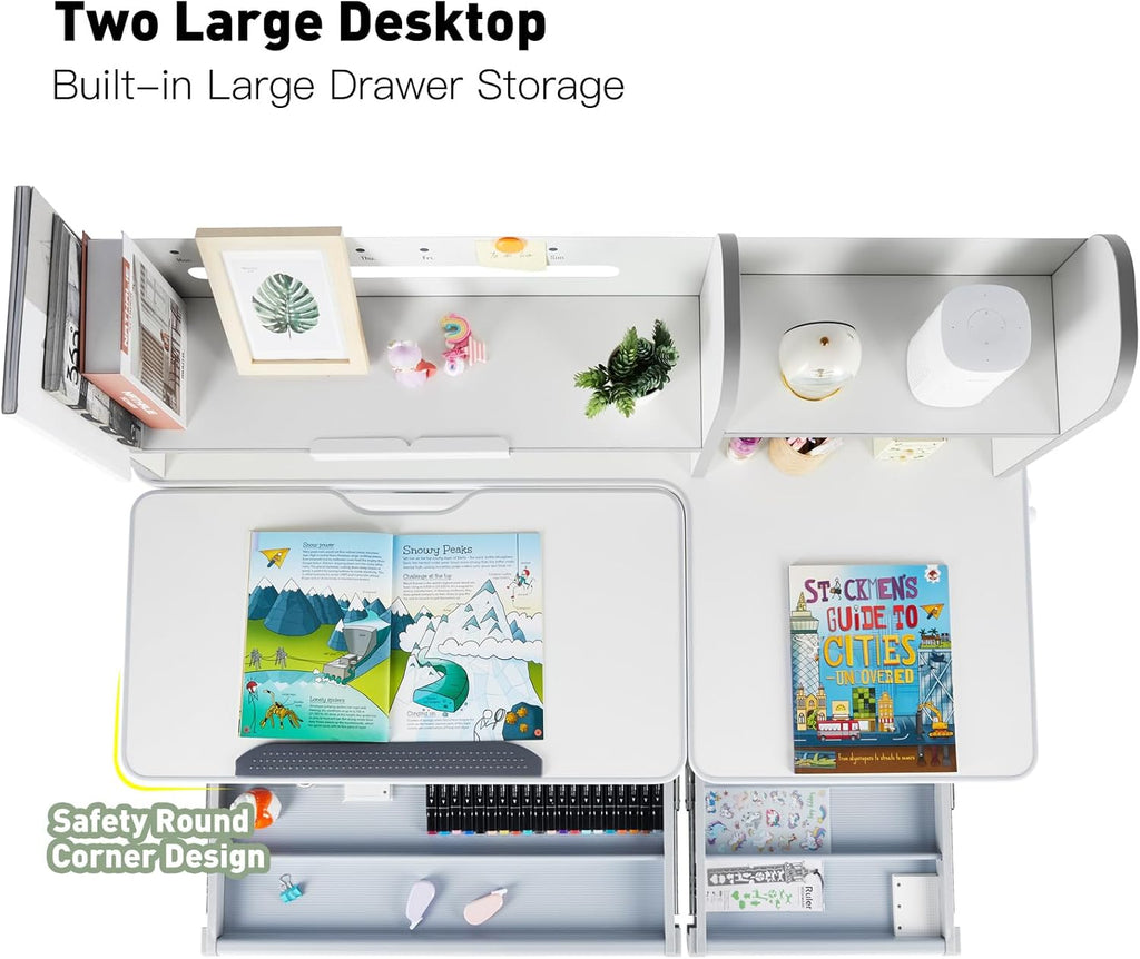 COSVALVE Adjustable Kids Desk with Hutch and Drawers, 47" Wide Multifunction Ergonomic Study Table, with Two Storage Drawer, Tilt Desktop, Height Adjust for Home or School Use, for Girls Boys (Grey)