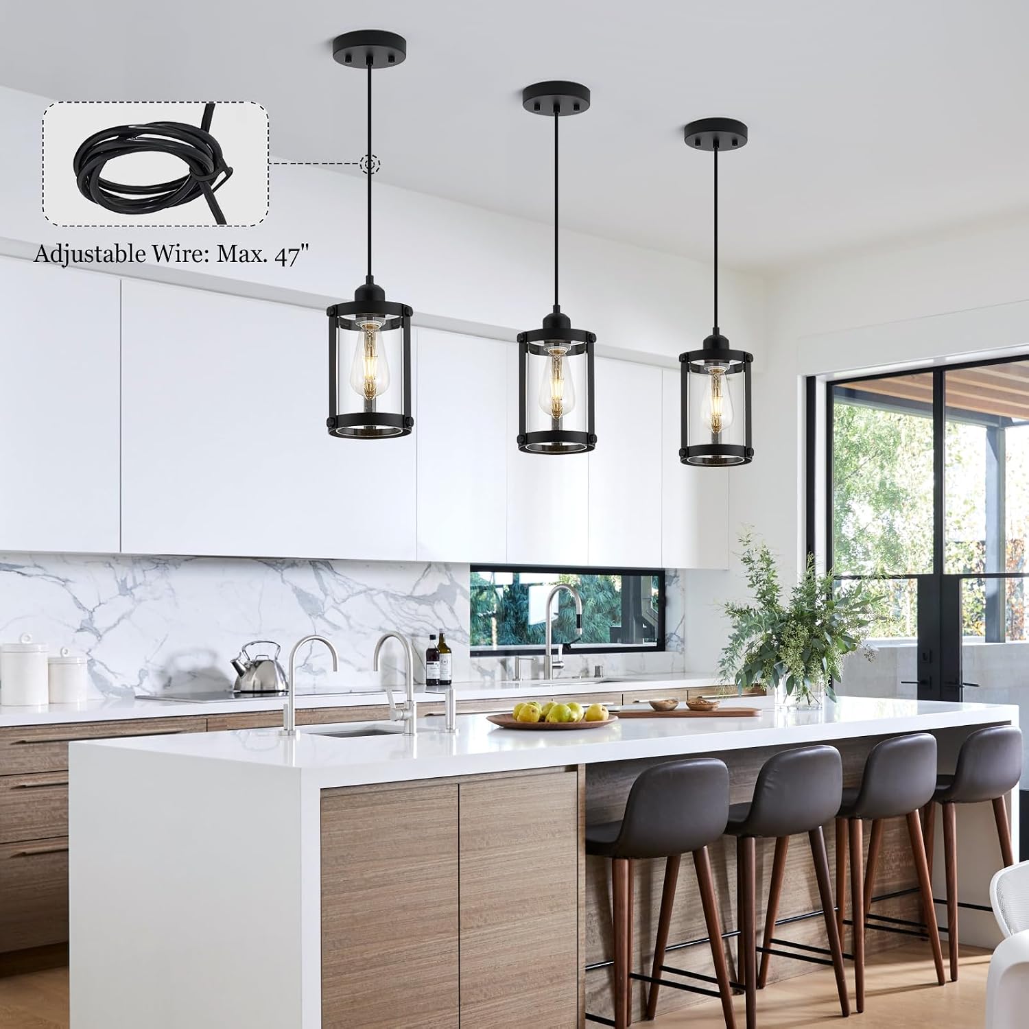 Black Pendant Lights Kitchen Island 3 Pack, Modern Kitchen Pendant Lighting Over Island with Clear Glass, Farmhouse Mini Hanging Light for Sink Dining Room, OS-3014-3PBKC