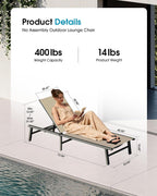 Ciokea Foldable Outdoor Lounge Chair Set of 2, No Assembly Aluminum Chaise Lounge Outdoor with 5 Adjustable Positions, Pool Lounge Chairs with Portable Design for Pool, Deck, Beach, Patio (Khaki)