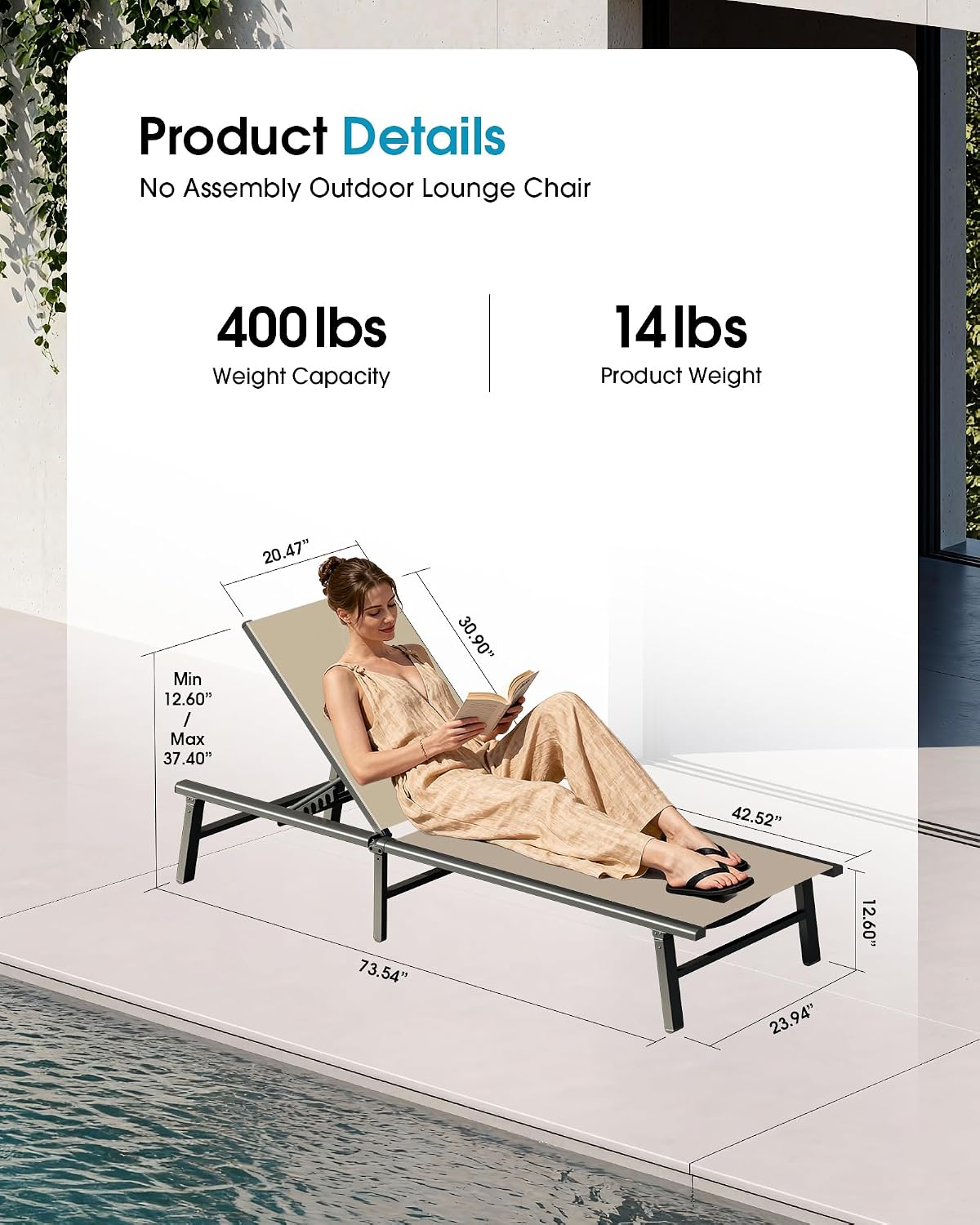 Ciokea Foldable Outdoor Lounge Chair Set of 2, No Assembly Aluminum Chaise Lounge Outdoor with 5 Adjustable Positions, Pool Lounge Chairs with Portable Design for Pool, Deck, Beach, Patio (Khaki)