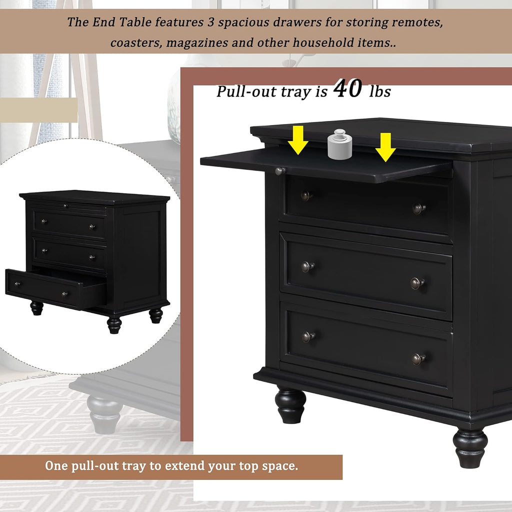 28'' Painted Nightstand with Pull Out Tray, Bedside Cabinet with 3 Drawers, Sofa Side Table with Rubber Legs and Metal Handle for Bedroom Sofa Couch Office