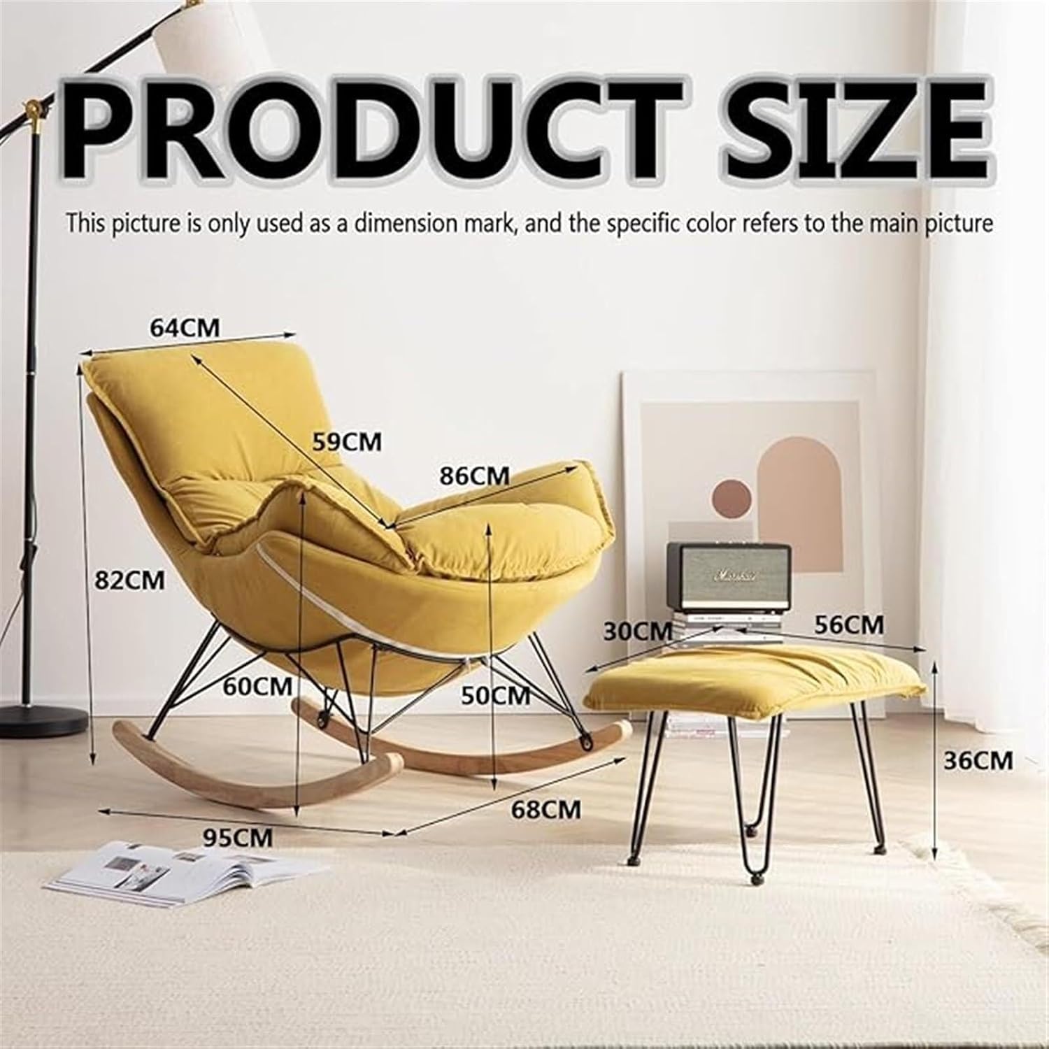 Comfortable Rocking Chair with Footstool, Upholstered Lounge Chair for Balcony & Indoor Bedroom, Ergonomic Sofa Chair for Relaxation (Yellow)