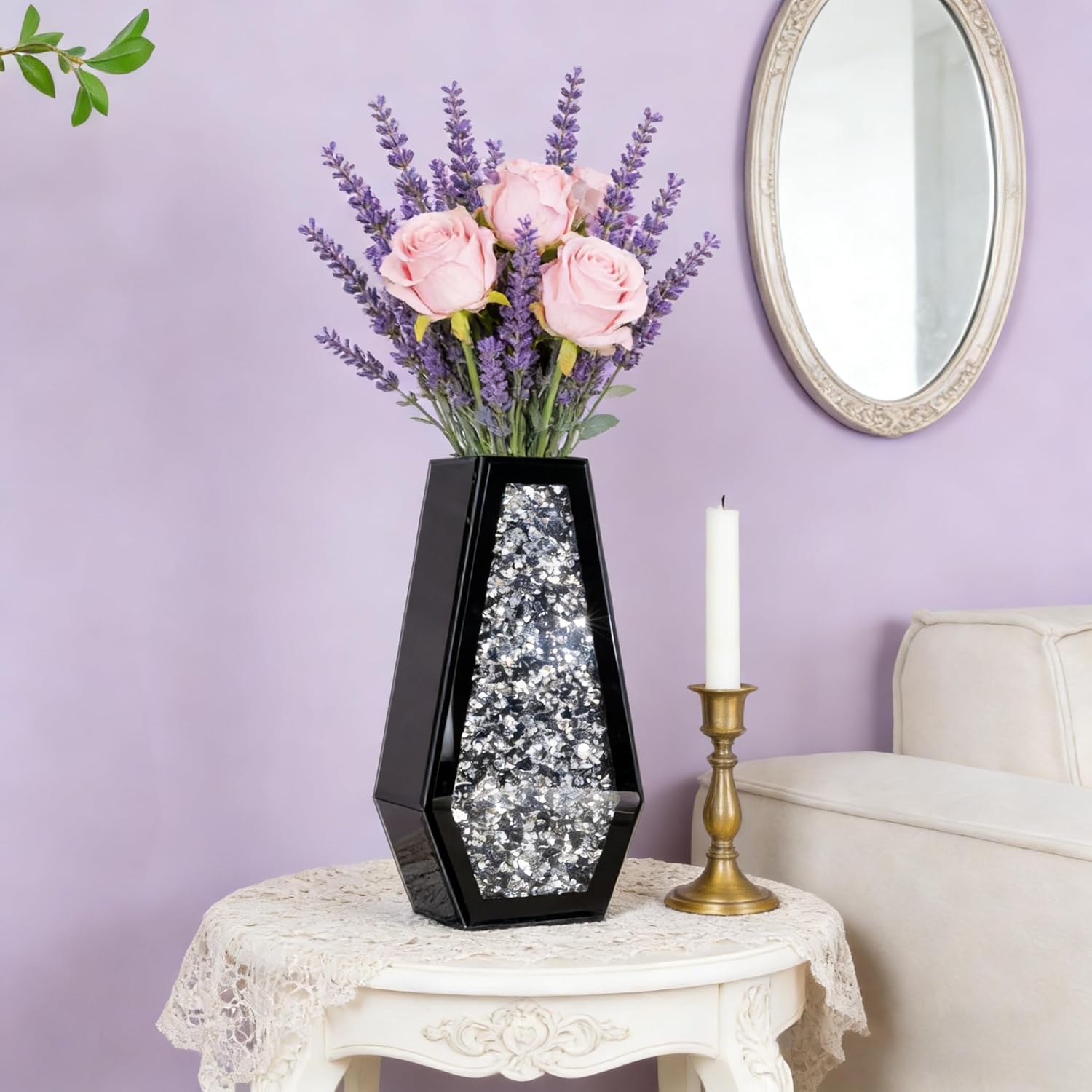 SHYFOY Black Flower Vase Crushed Diamond Glass Vase Large Mirrored Crystal Vases for Centerpieces Tall Floor Vases for Dried and Artificial Flowers Home Decor, Can’t Hold Water