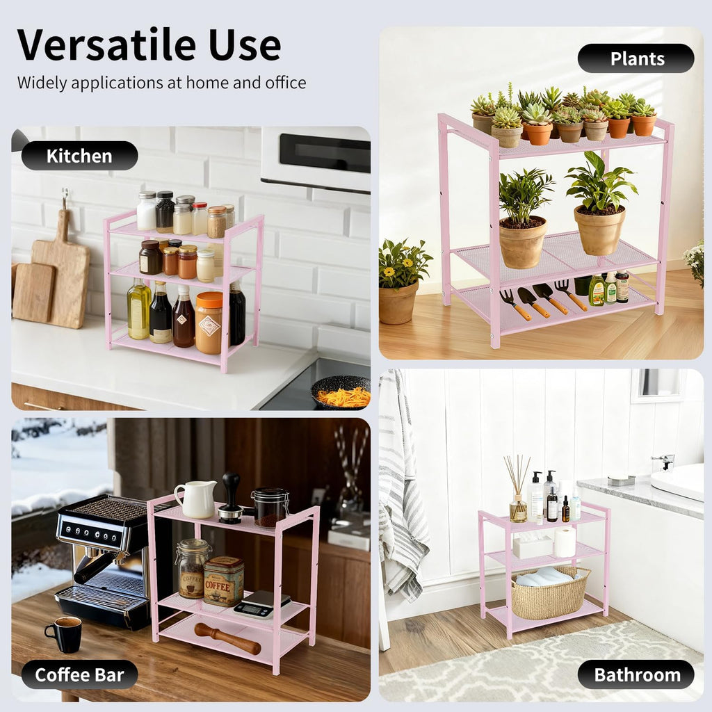 Desktop Shelf Organizer, 3-Tier Office Storage Rack, Adjustable Metal Bookshelf for Top of Desk, Pink Desk Organizer for Office, Home, Dorm and Small Spaces (Pink)