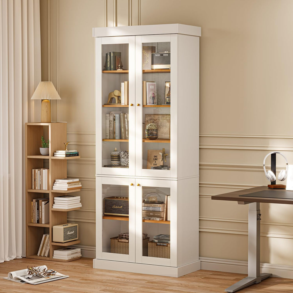 ivaniti 70.8" Tall Farmhouse Kitchen Pantry Cabinet with Glass Doors, Modular Storage Cabinet with 6-Tier Adjustable Shelves, White, Wooden Hutch for Kitchen, Living Room, Set of 2