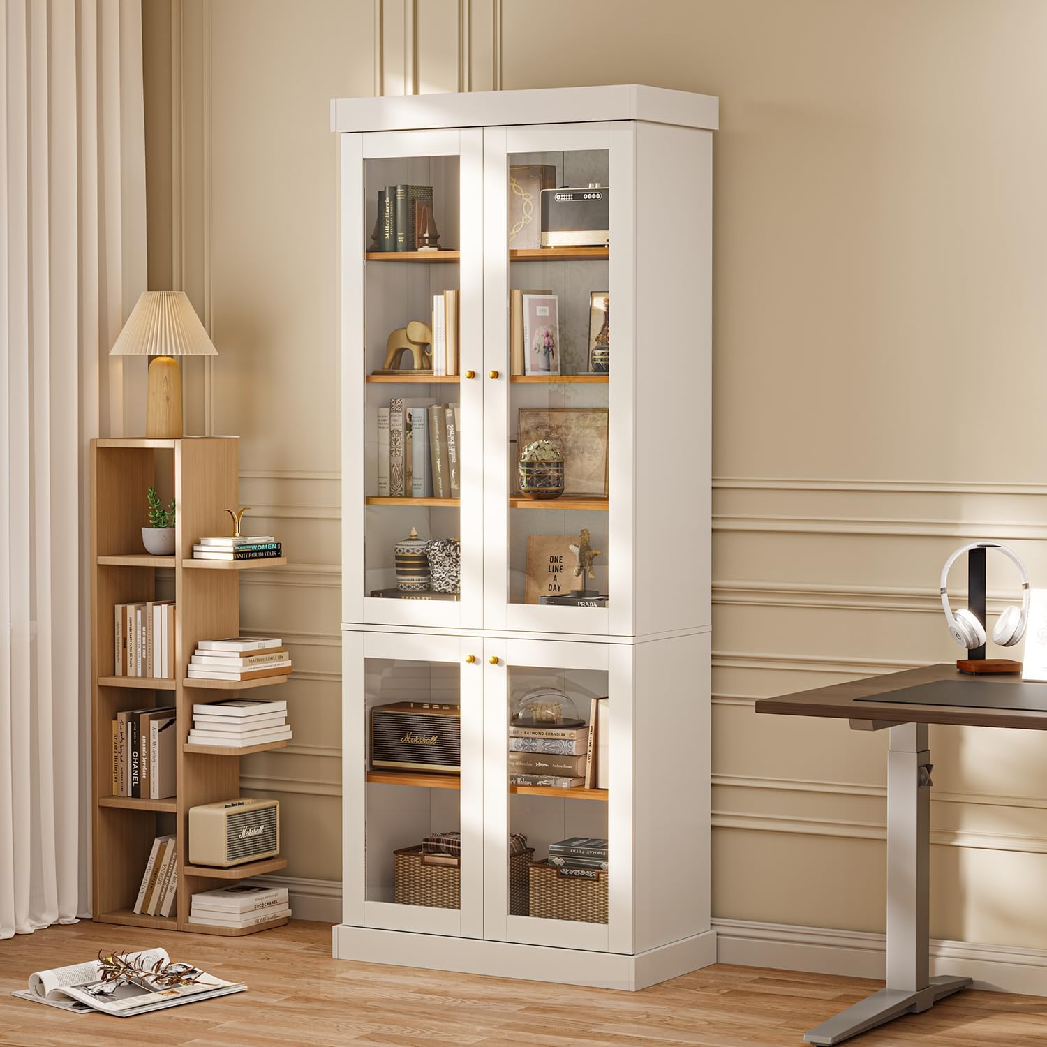 ivaniti 70.8" Tall Farmhouse Kitchen Pantry Cabinet with Glass Doors, Modular Storage Cabinet with 6-Tier Adjustable Shelves, White, Wooden Hutch for Kitchen, Living Room, Set of 2