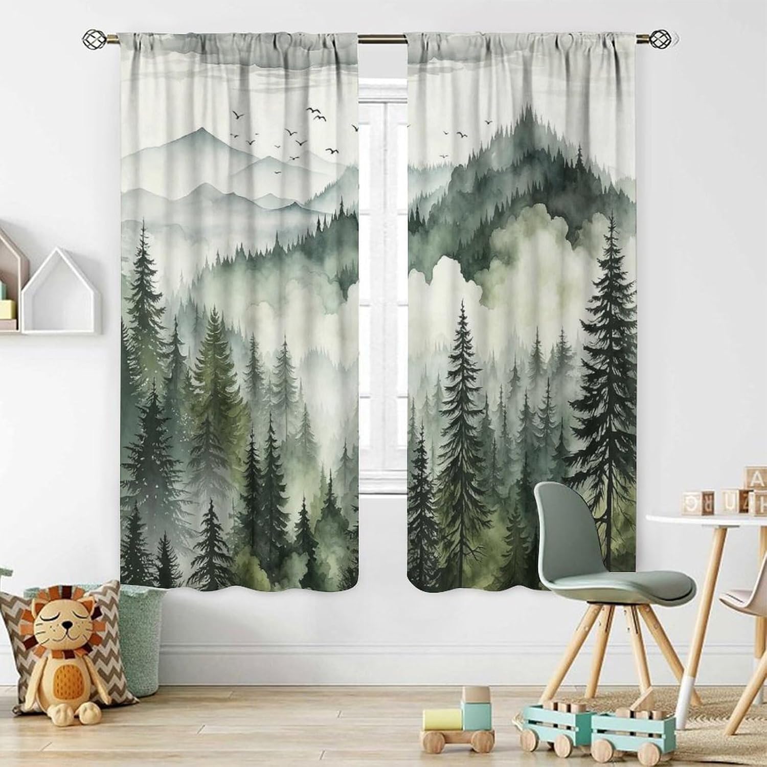 Woodland Curtains Nature Forest Theme, Vintage Rustic Watercolor Green Misty Landscape Print Rod Pocket Drapes for Kitchen Bathroom Living Room Kids Room, 2 Panels W52 x L84 Inch
