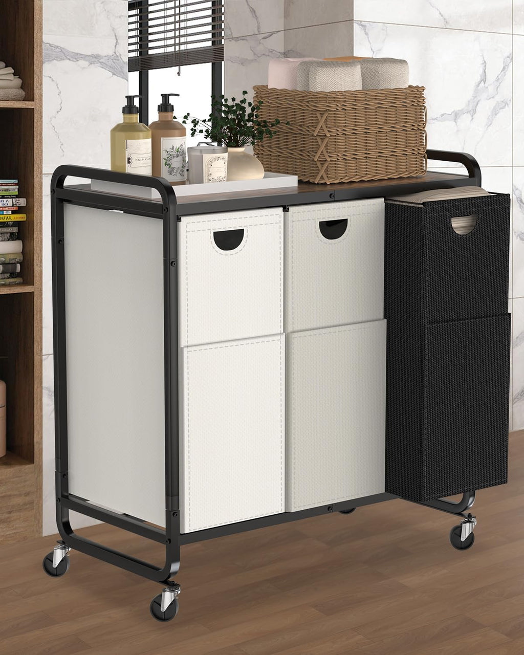 Laundry Sorter 3 Section,Laundry Basket with Wheels,3×15.8 Gal (60L) Laundry Hamper Organizer with Large Wooden Desktop Sorter,Pull-Out and Removable 900D Oxford Fabric Laundry Bags for Laundry Room