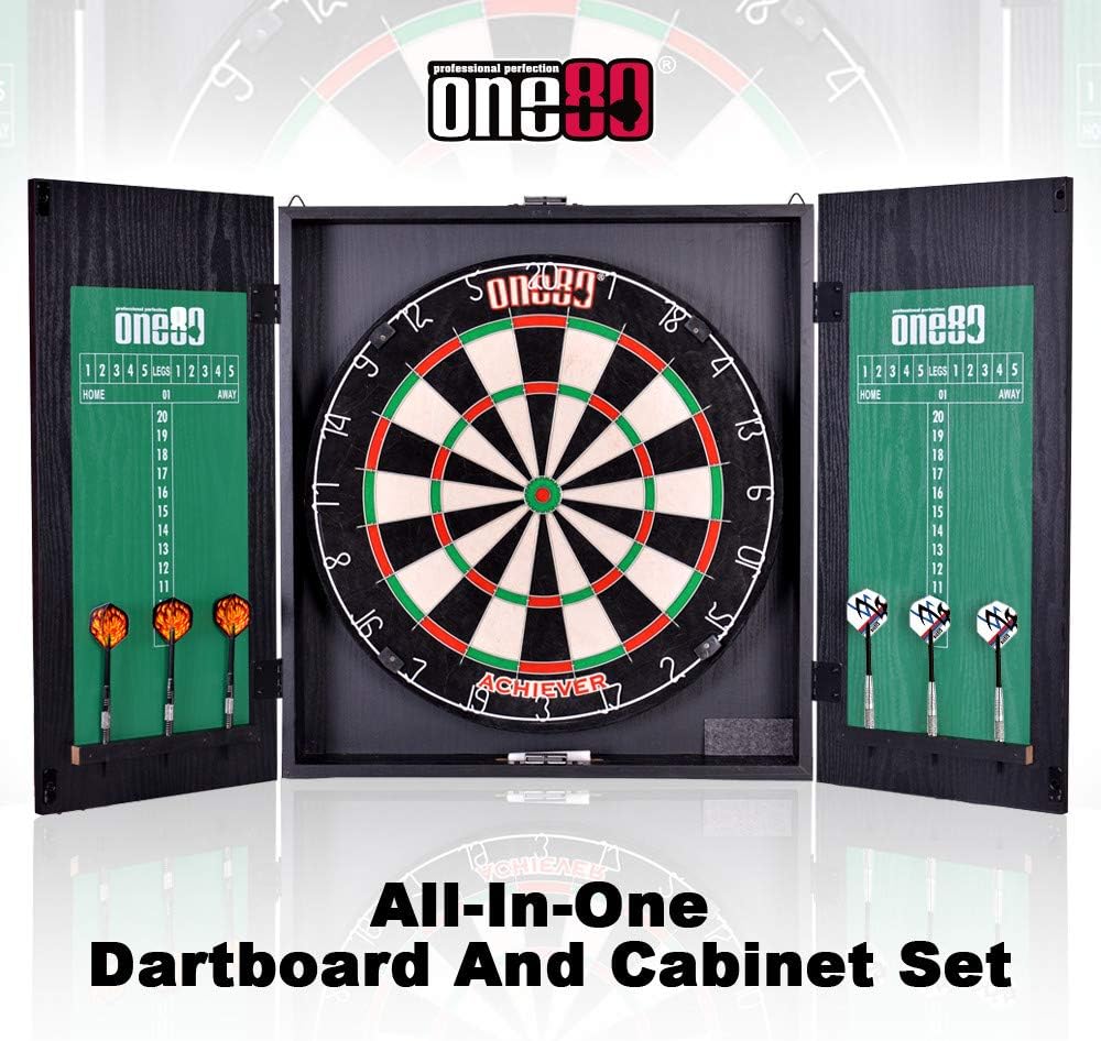 ONE80 All-in-One Dartgame Center with Self-Healing Sisal/Double-Sided Dartboard & Multifunctional Cabinet 6 Steeltip Darts and Mounting Kit Included
