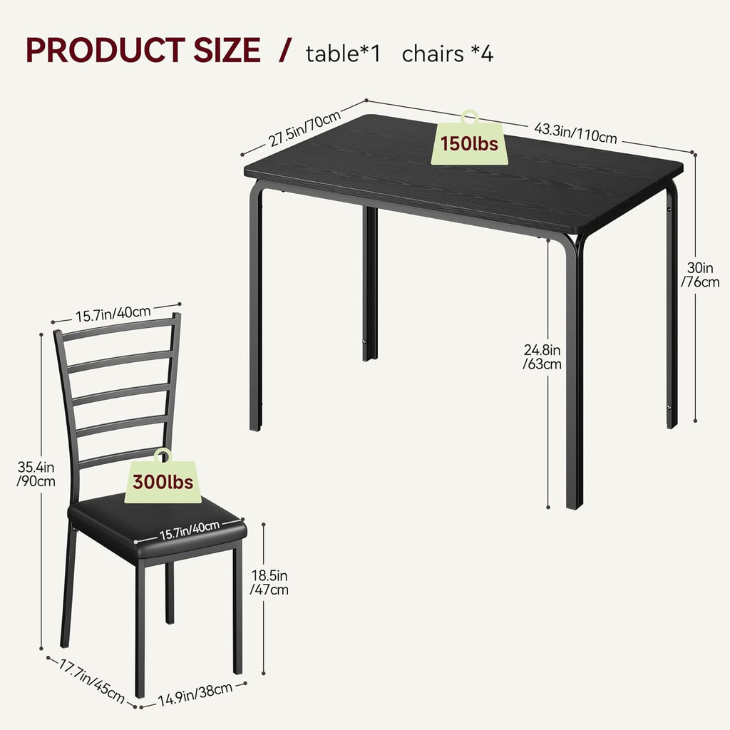 GarveeHome 5-Piece Kitchen Dining Room Table Chair Set for Small Space, Indoor Modern Dinette Set for 4, Square Dinner Table Set for Dinette (Black, Dining Table with 4 Chairs)