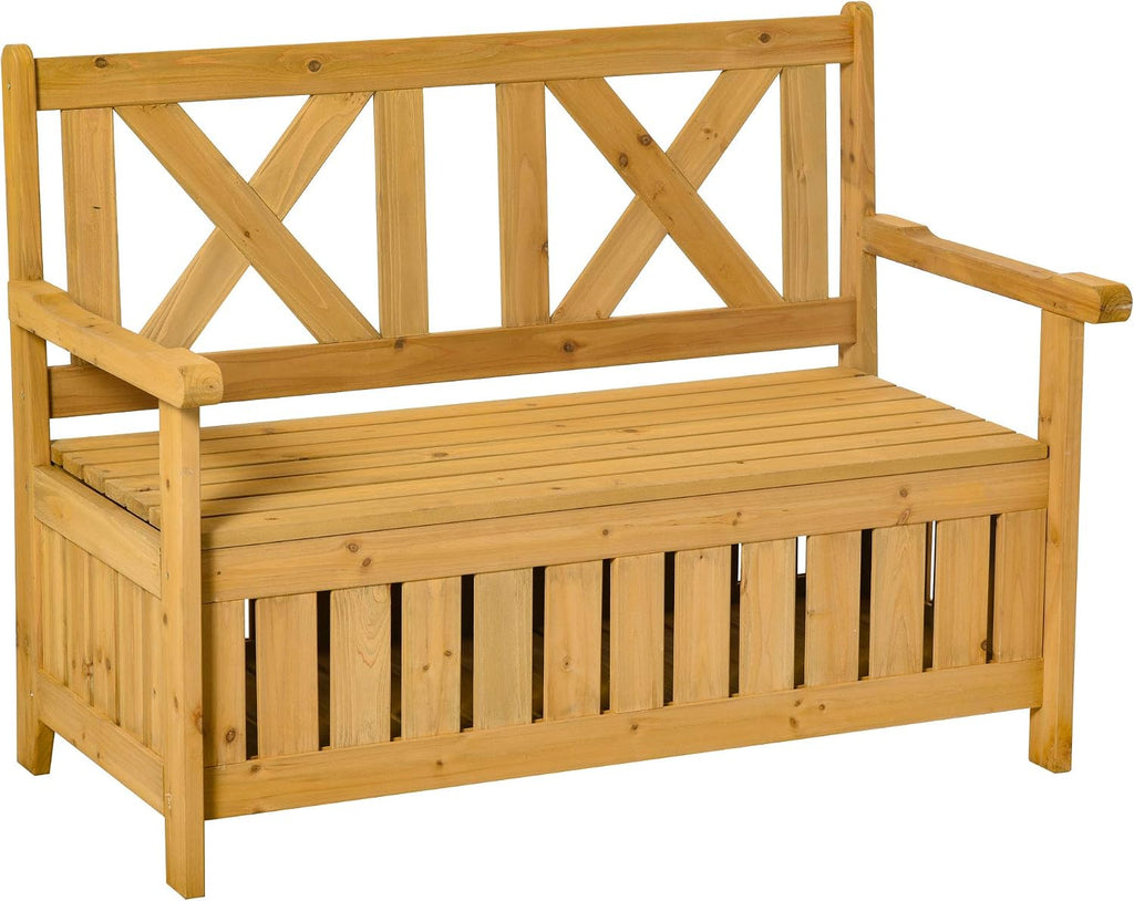 Patio Wooden Bench with Storage Box, 29 Gallon Outdoor Storage Bench, Large Entryway Deck Box w, Unique X Shape Back, for Deck, Porch Balcony, Yellow