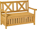 Patio Wooden Bench with Storage Box, 29 Gallon Outdoor Storage Bench, Large Entryway Deck Box w, Unique X Shape Back, for Deck, Porch Balcony, Yellow