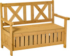 Patio Wooden Bench with Storage Box, 29 Gallon Outdoor Storage Bench, Large Entryway Deck Box w, Unique X Shape Back, for Deck, Porch Balcony, Yellow