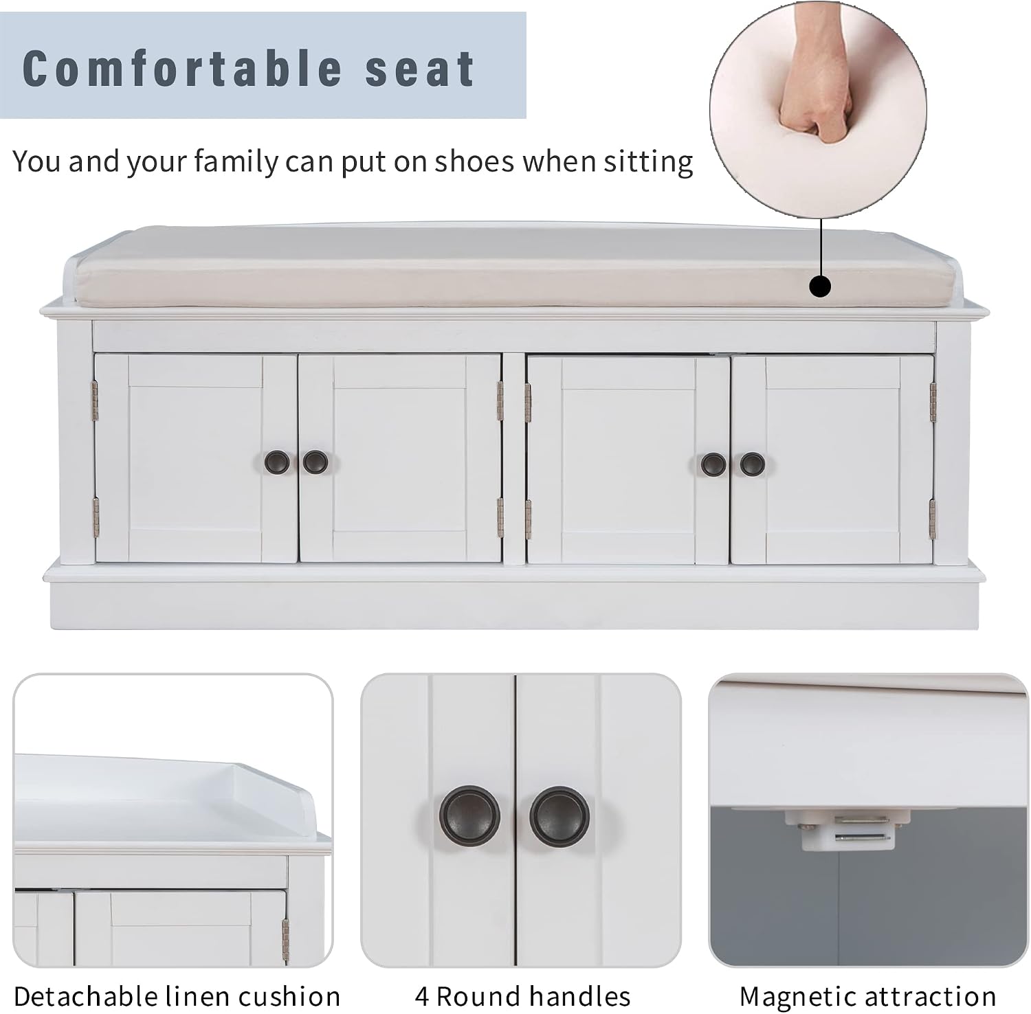 SOFTSEA 42.7" Shoe Bench with Padded Seat Cushion, 2-Tier Entryway Bench with 4 White Doors and Adjustable Shelves, Shoe Cabinet for Entryway, Bedroom, Living Room, White