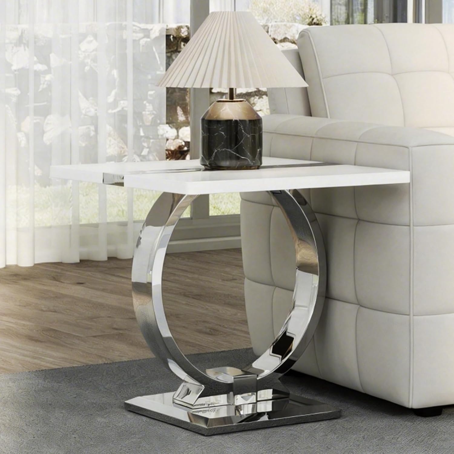 Asday 23.6" White and Silver End Table, Modern Side Table with Glossy Wooden Top and Stainless Steel U-Shaped Base, Accent Table for Living Room, Bedroom, Lounge