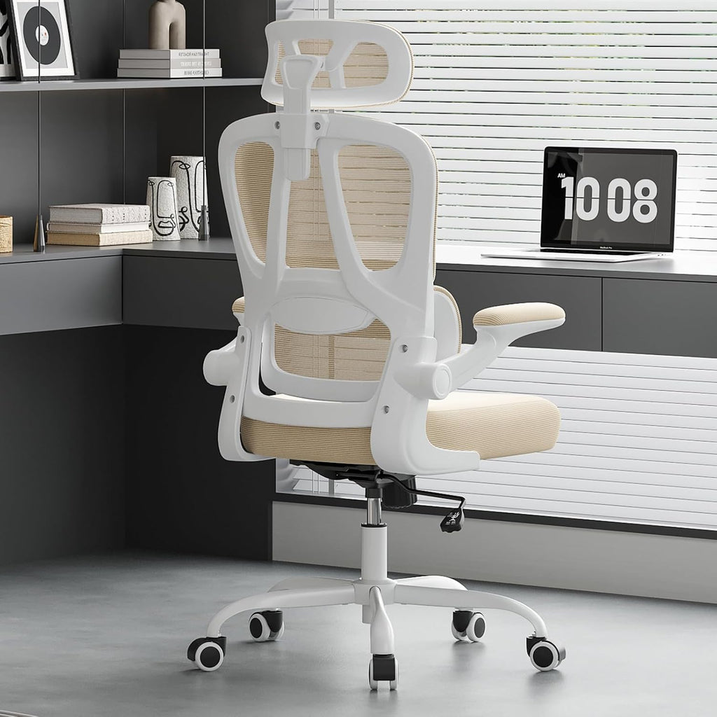 Ergonomic Office Chair with Lumbar Support and Headrest, High Back Mesh Desk Chair with Flip-Up Armrests, 350lbs Capacity Swivel Computer Chair for Home Office, Bedroom (Khaki + White)