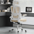 Ergonomic Office Chair with Lumbar Support and Headrest, High Back Mesh Desk Chair with Flip-Up Armrests, 350lbs Capacity Swivel Computer Chair for Home Office, Bedroom (Khaki + White)