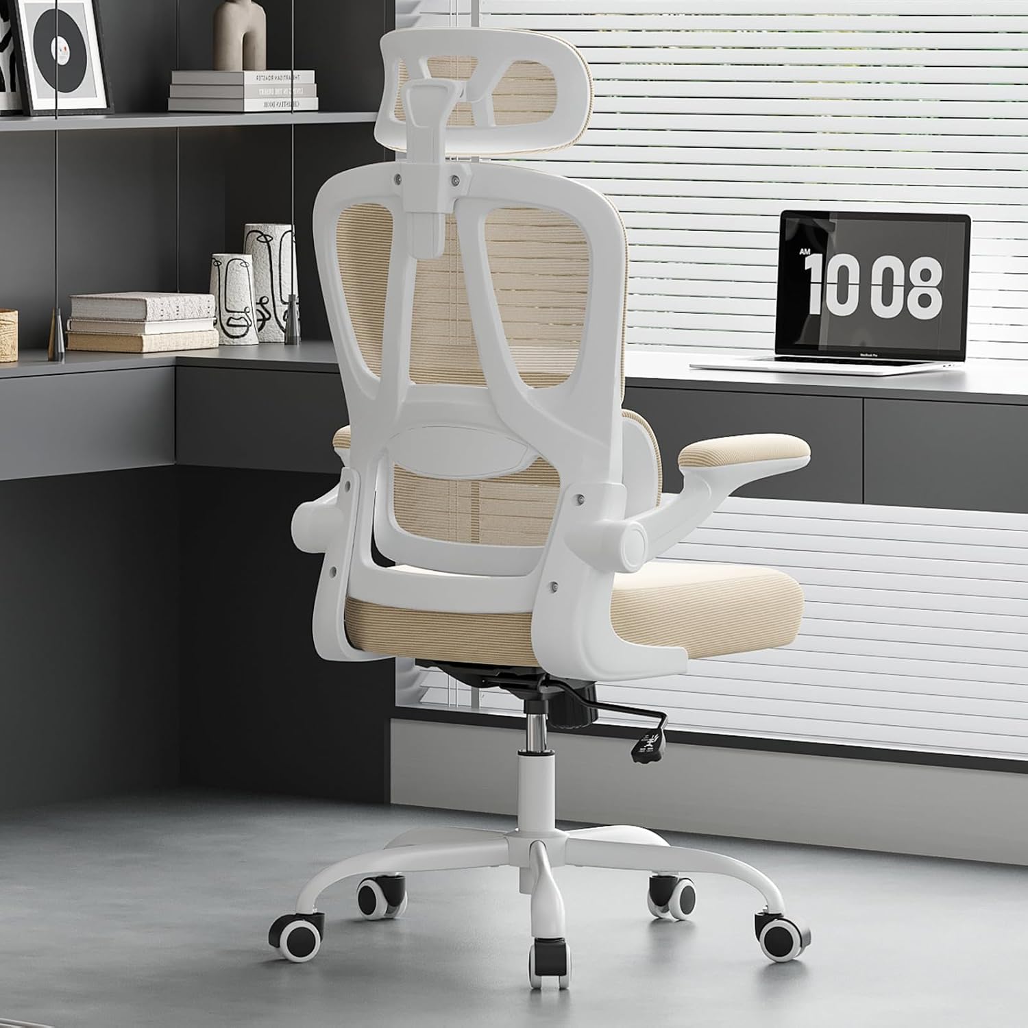 Ergonomic Office Chair with Lumbar Support and Headrest, High Back Mesh Desk Chair with Flip-Up Armrests, 350lbs Capacity Swivel Computer Chair for Home Office, Bedroom (Khaki + White)
