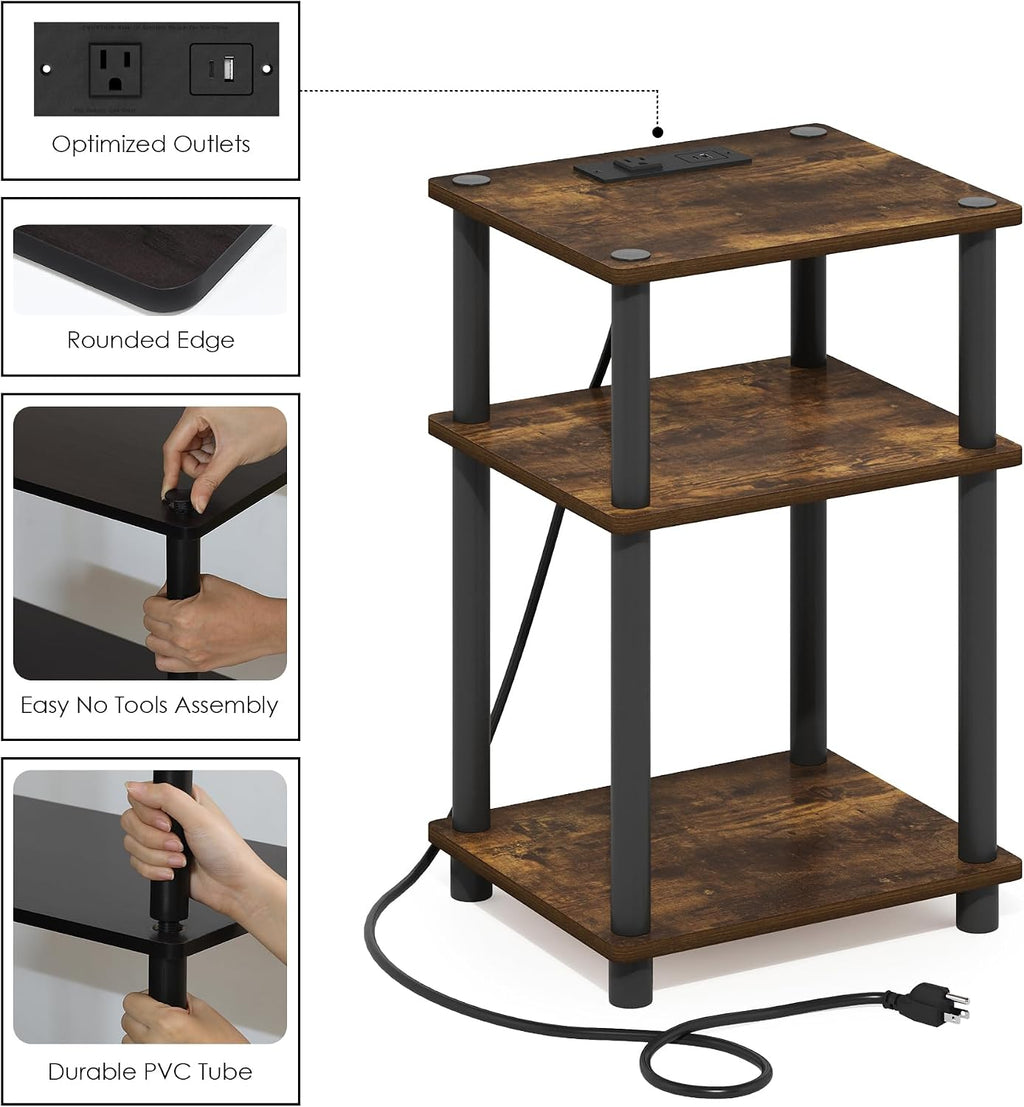 Furinno Just 3-Tier Side Table with Charging Station, Easy Assembly Rustic Brown End Table, Night Stand, Bedside Table with USB and Type-C Charging Port, for Living Room, Bedroom, Amber Oak
