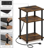 Furinno Just 3-Tier Side Table with Charging Station, Easy Assembly Rustic Brown End Table, Night Stand, Bedside Table with USB and Type-C Charging Port, for Living Room, Bedroom, Amber Oak